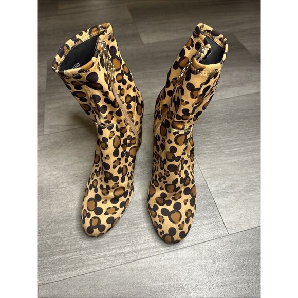 Disney X Aldo Step In Magic Leopard Chunky Heel Sock Bootie 9 Brown Mickey Boots - Picture 2 of 5